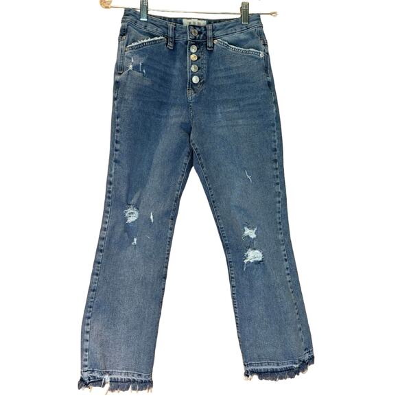 Women's We The Free / Free People Distressed Boot Cut Blue Jeans, Size 26, EUC - Picture 1 of 4